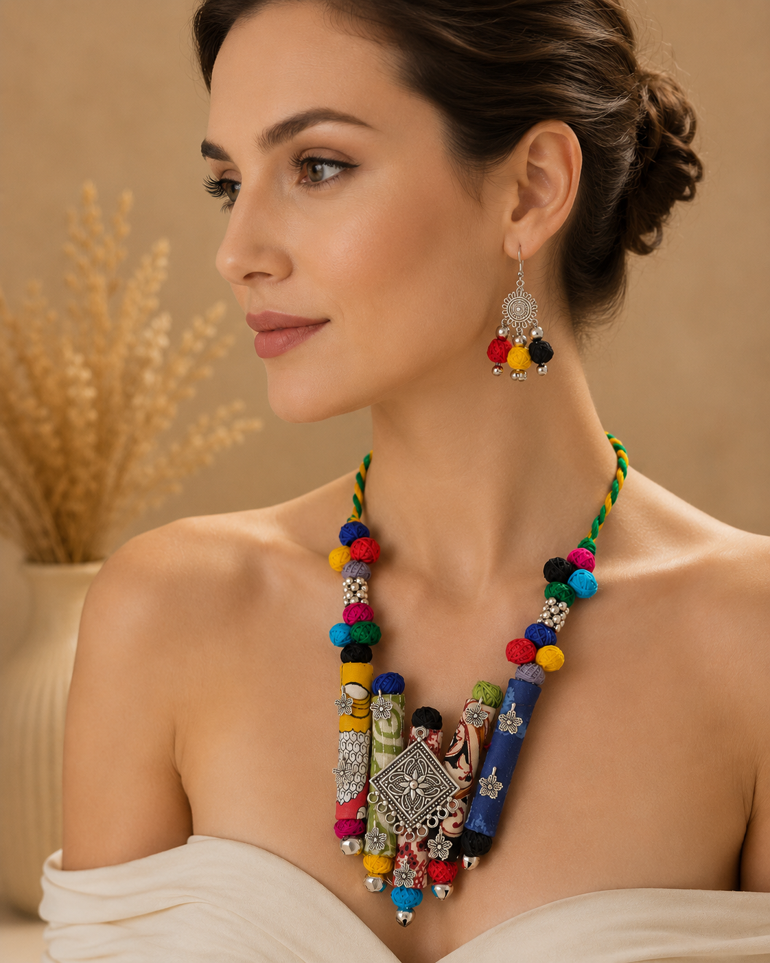 Ethnic Fabric and Oxidised Metal Necklace