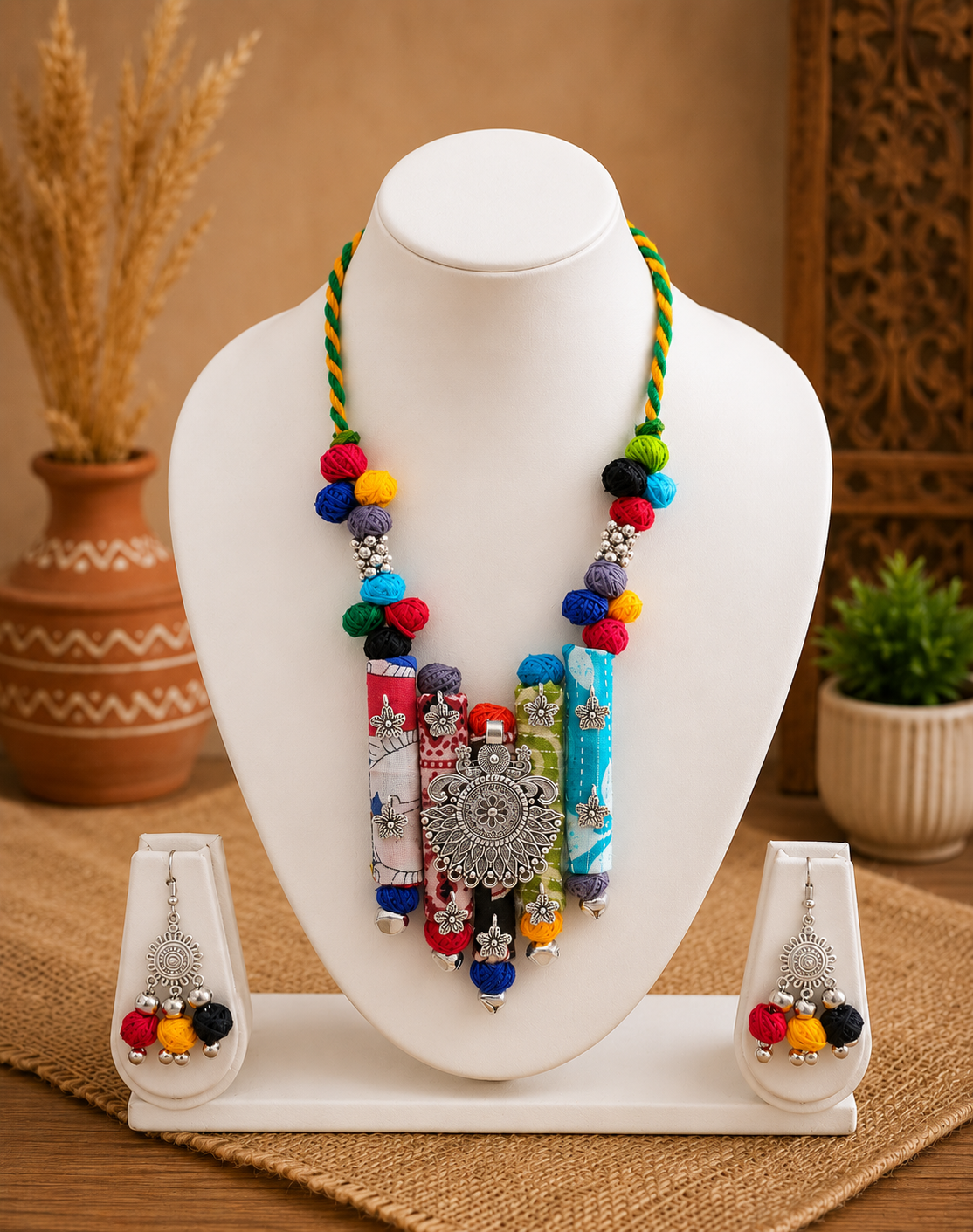 Ethnic Fabric and Oxidised Metal Necklace