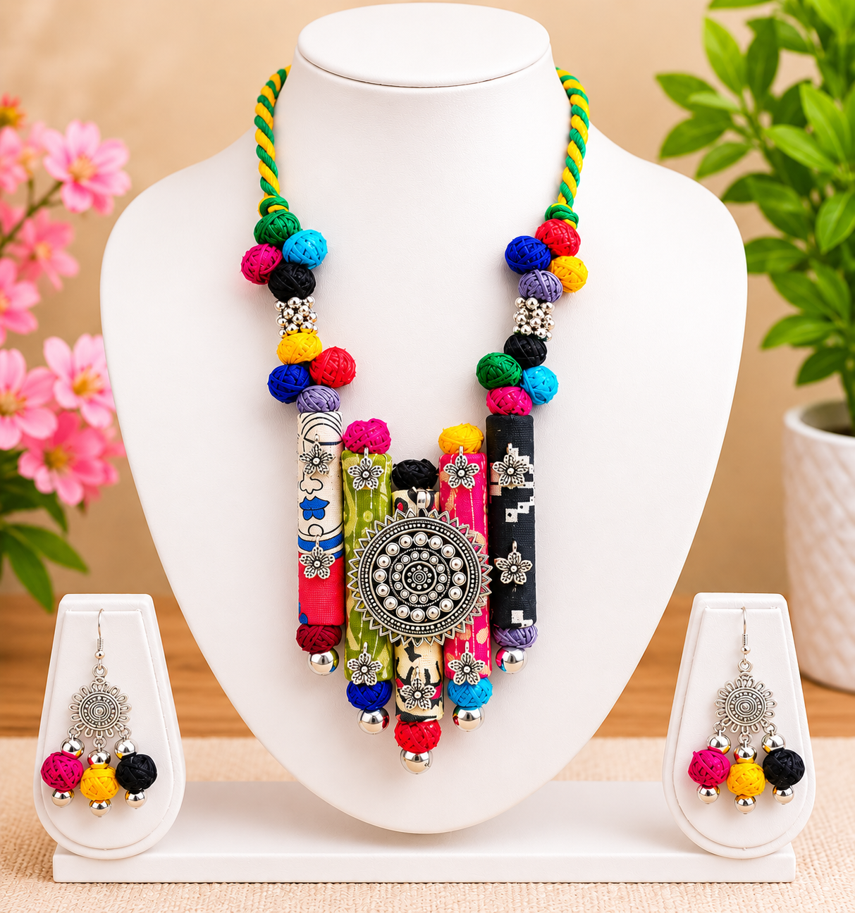 Ethnic Fabric and Oxidised Metal Necklace