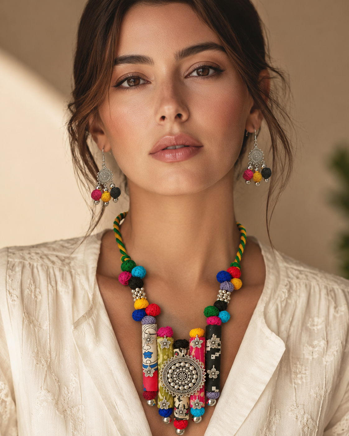 Ethnic Fabric and Oxidised Metal Necklace