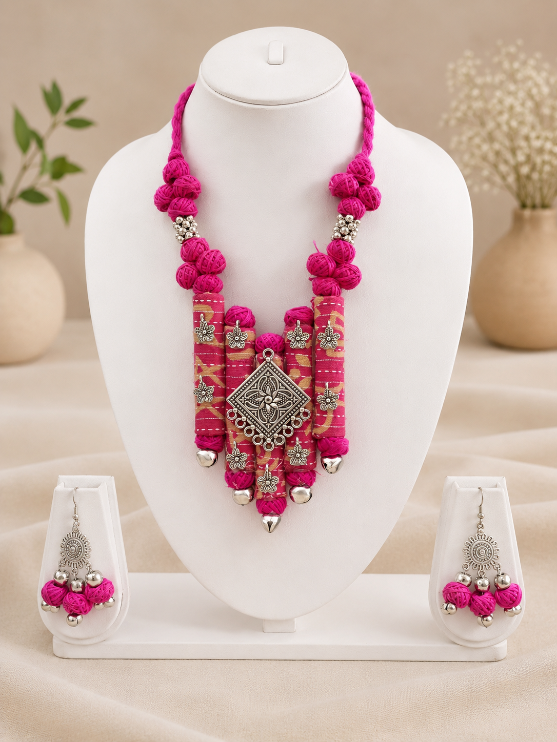 Ethnic Fabric and Oxidised Metal Necklace