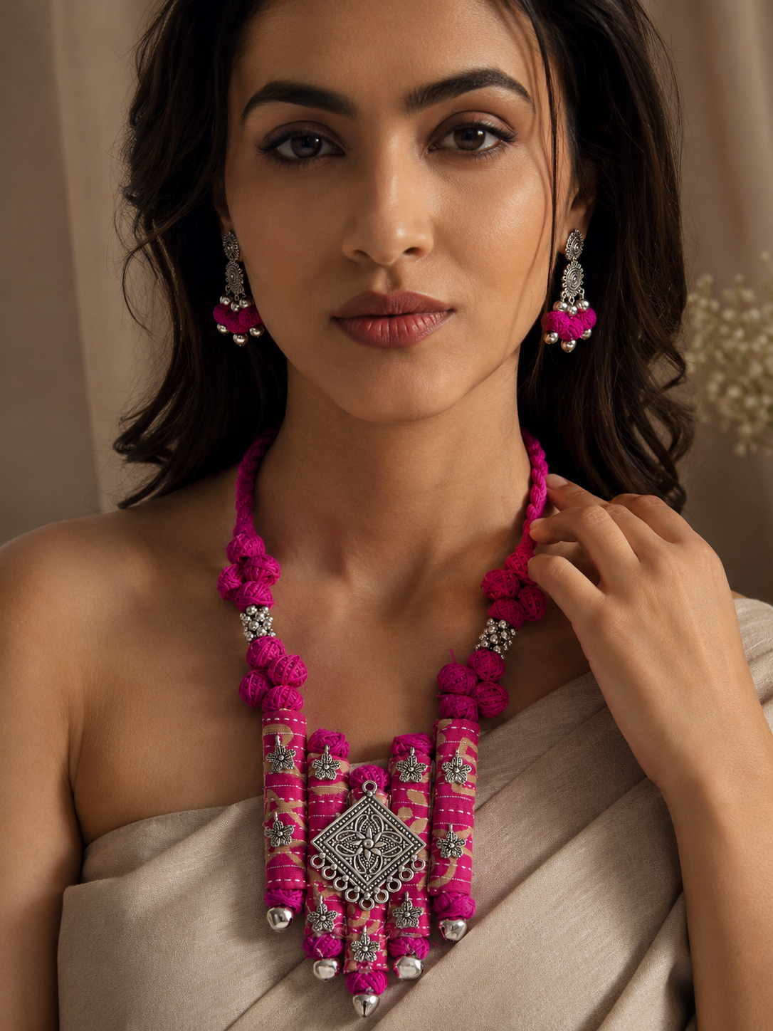 Ethnic Fabric and Oxidised Metal Necklace