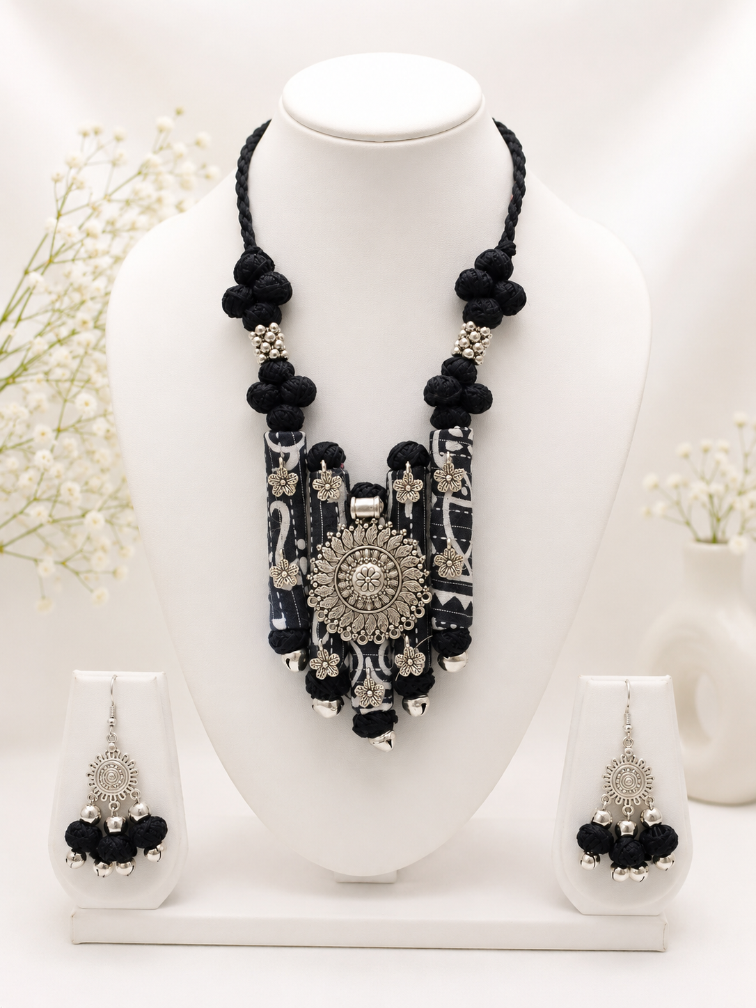 Ethnic Fabric and Oxidised Metal Necklace