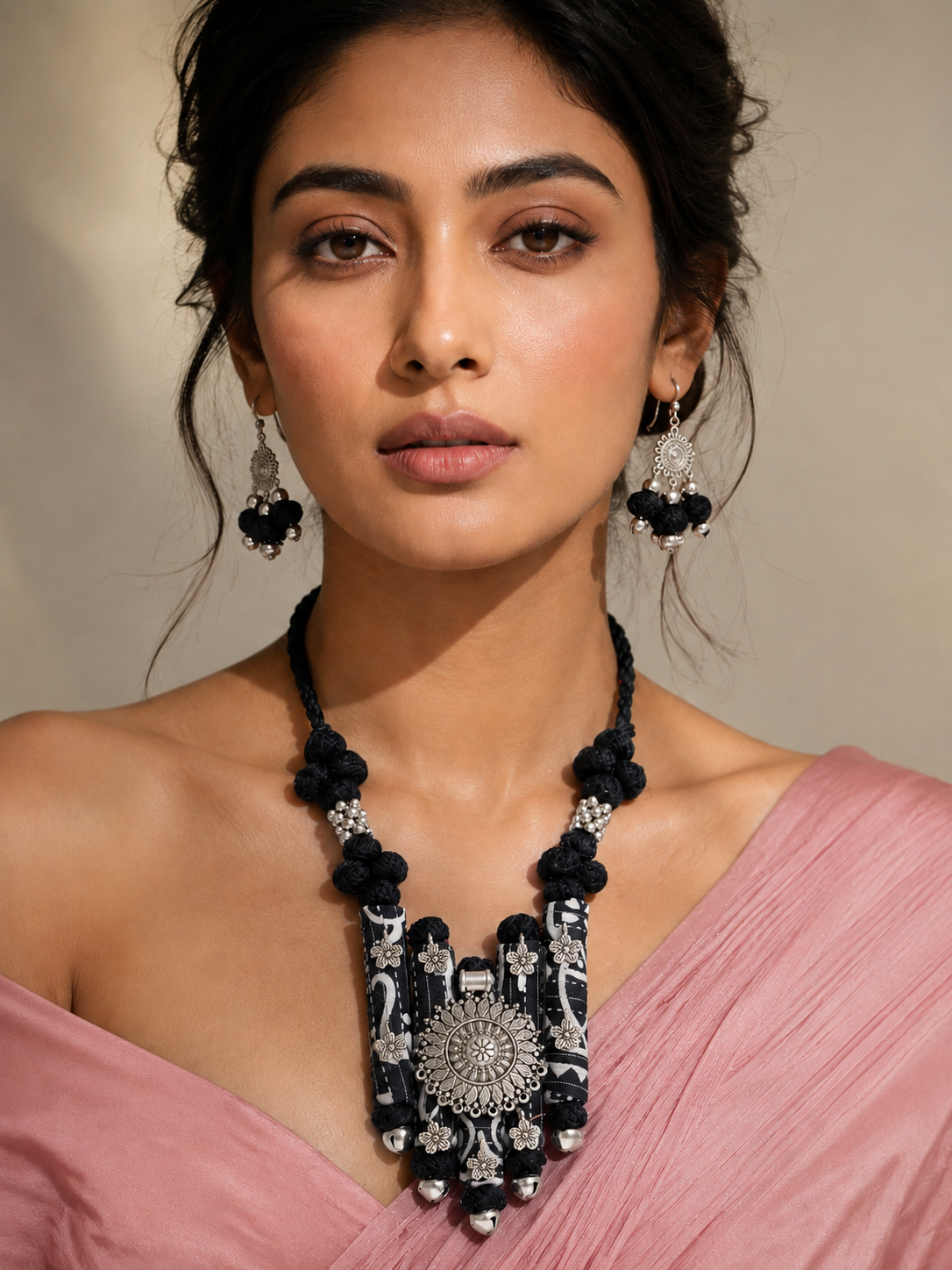 Ethnic Fabric and Oxidised Metal Necklace