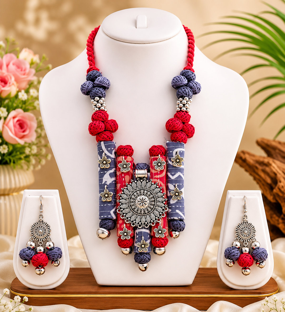 Ethnic Fabric and Oxidised Metal Necklace