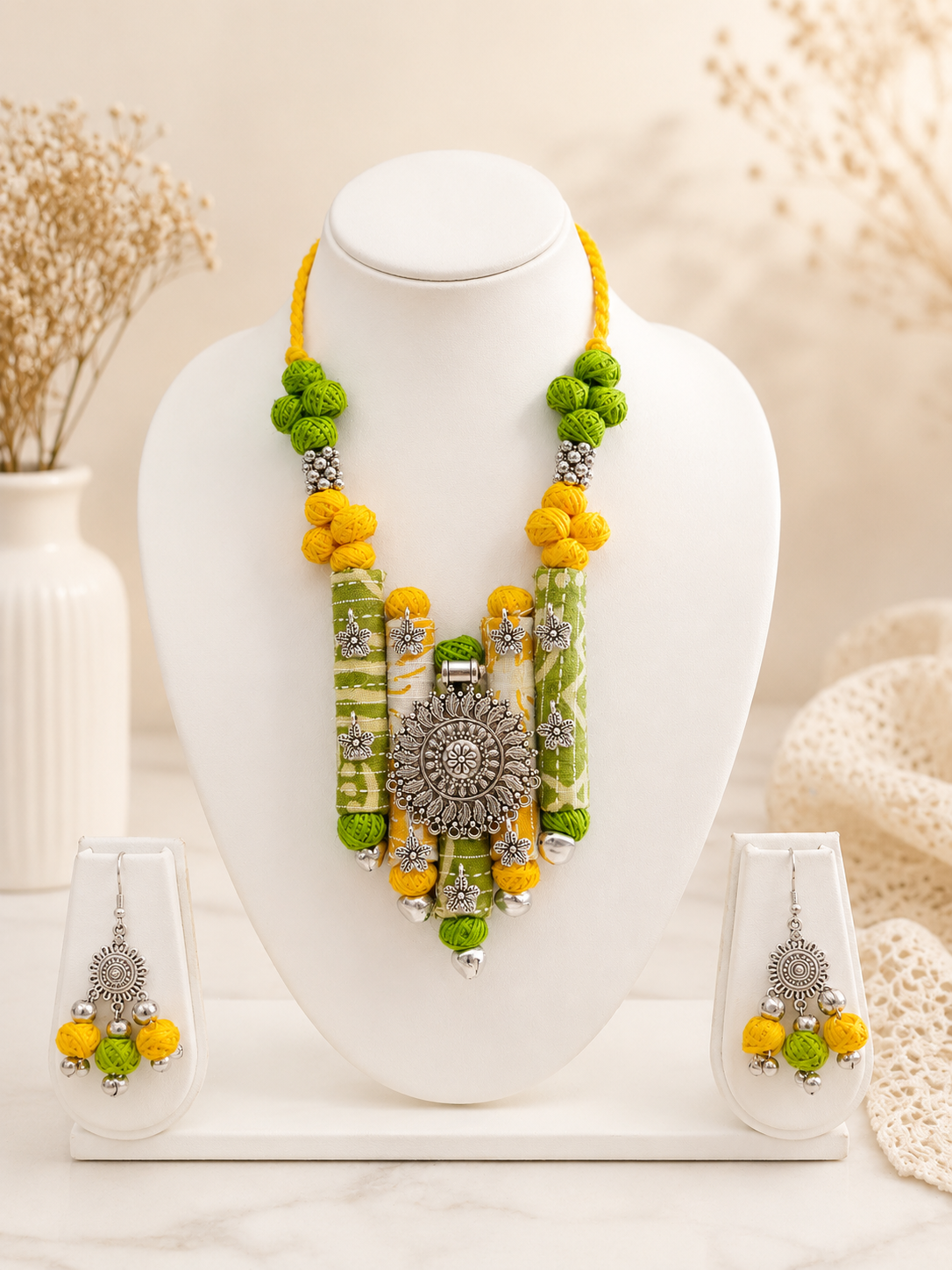Ethnic Fabric and Oxidised Metal Necklace