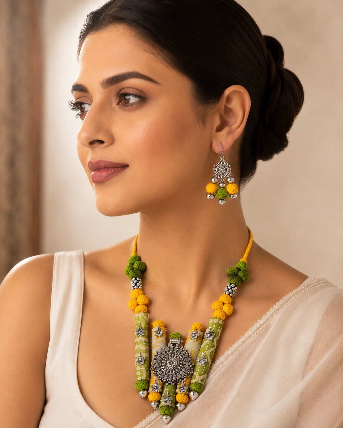 Ethnic Fabric and Oxidised Metal Necklace
