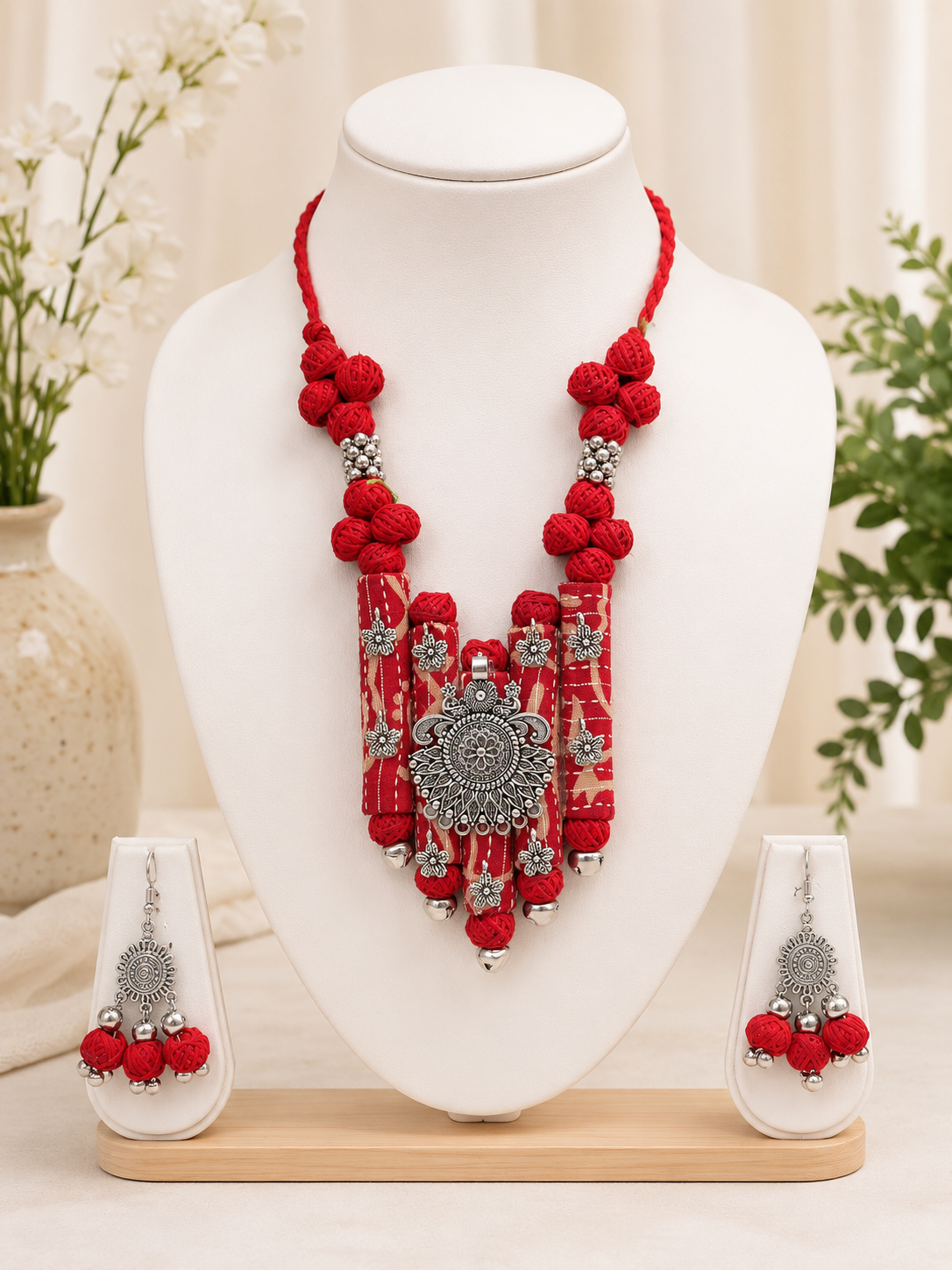 Ethnic Fabric and Oxidised Metal Necklace
