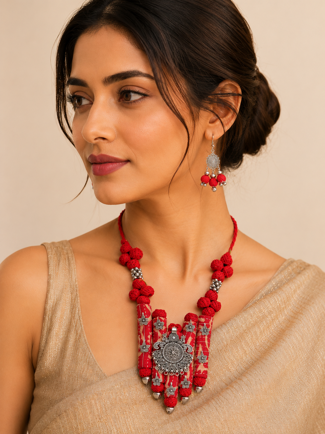 Ethnic Fabric and Oxidised Metal Necklace