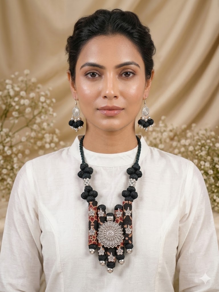 Ethnic Fabric and Oxidised Metal Necklace
