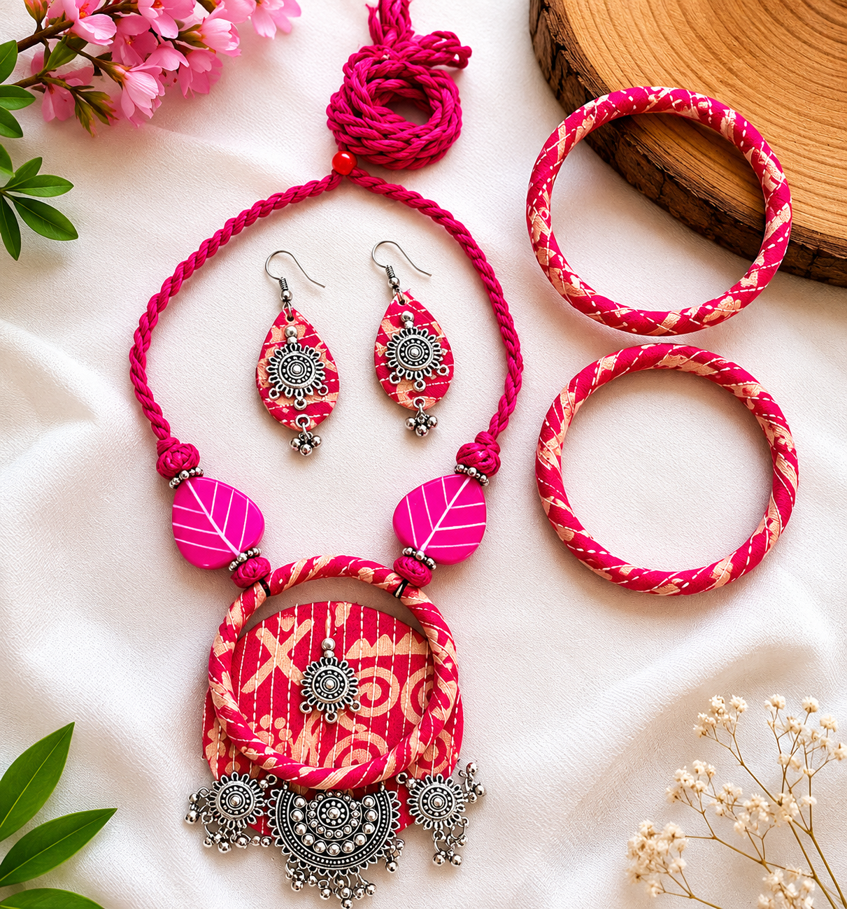 Boho Tribal Fabric Necklace & Bangle Set