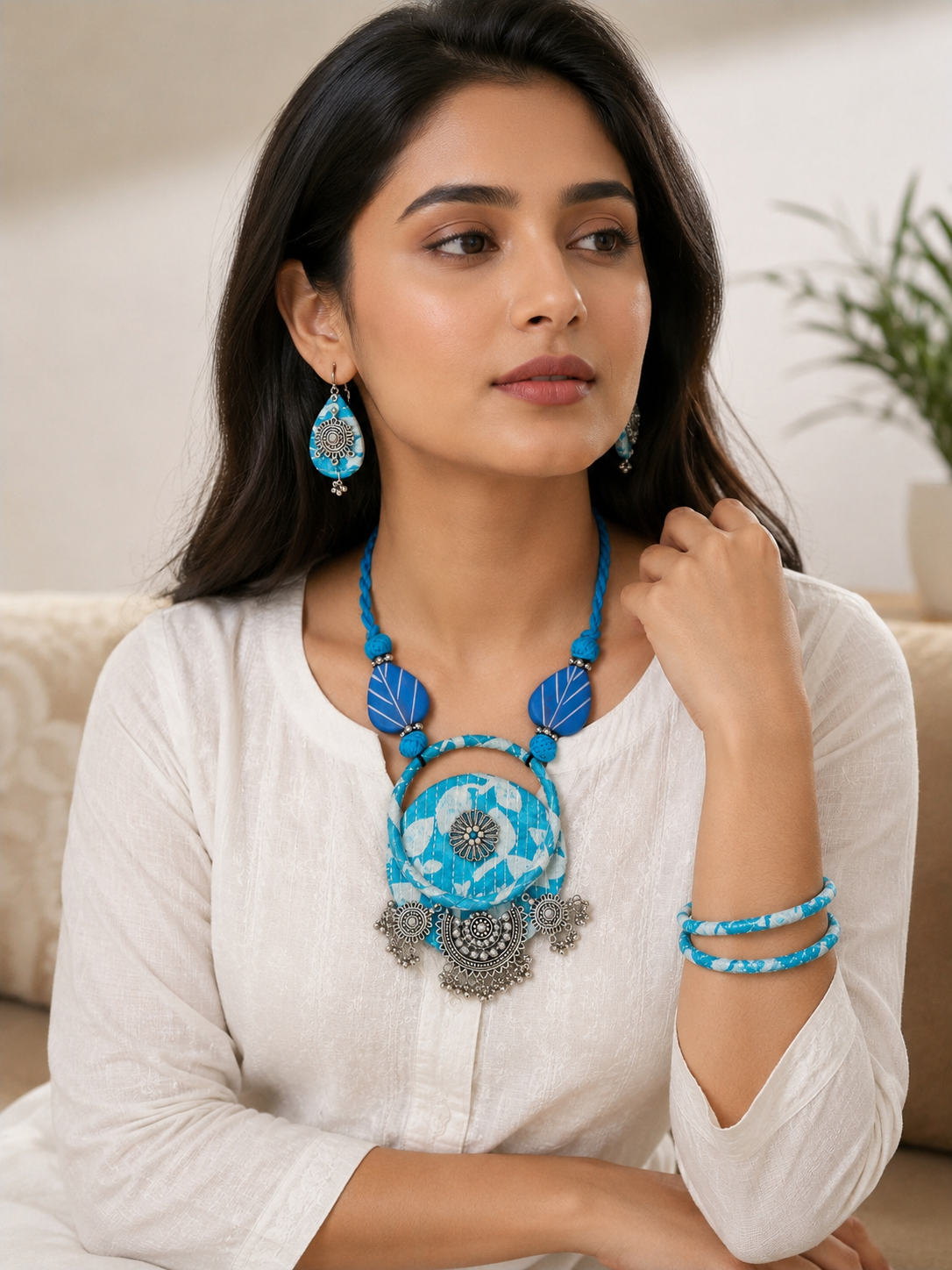 Boho Tribal Fabric Necklace & Bangle Set
