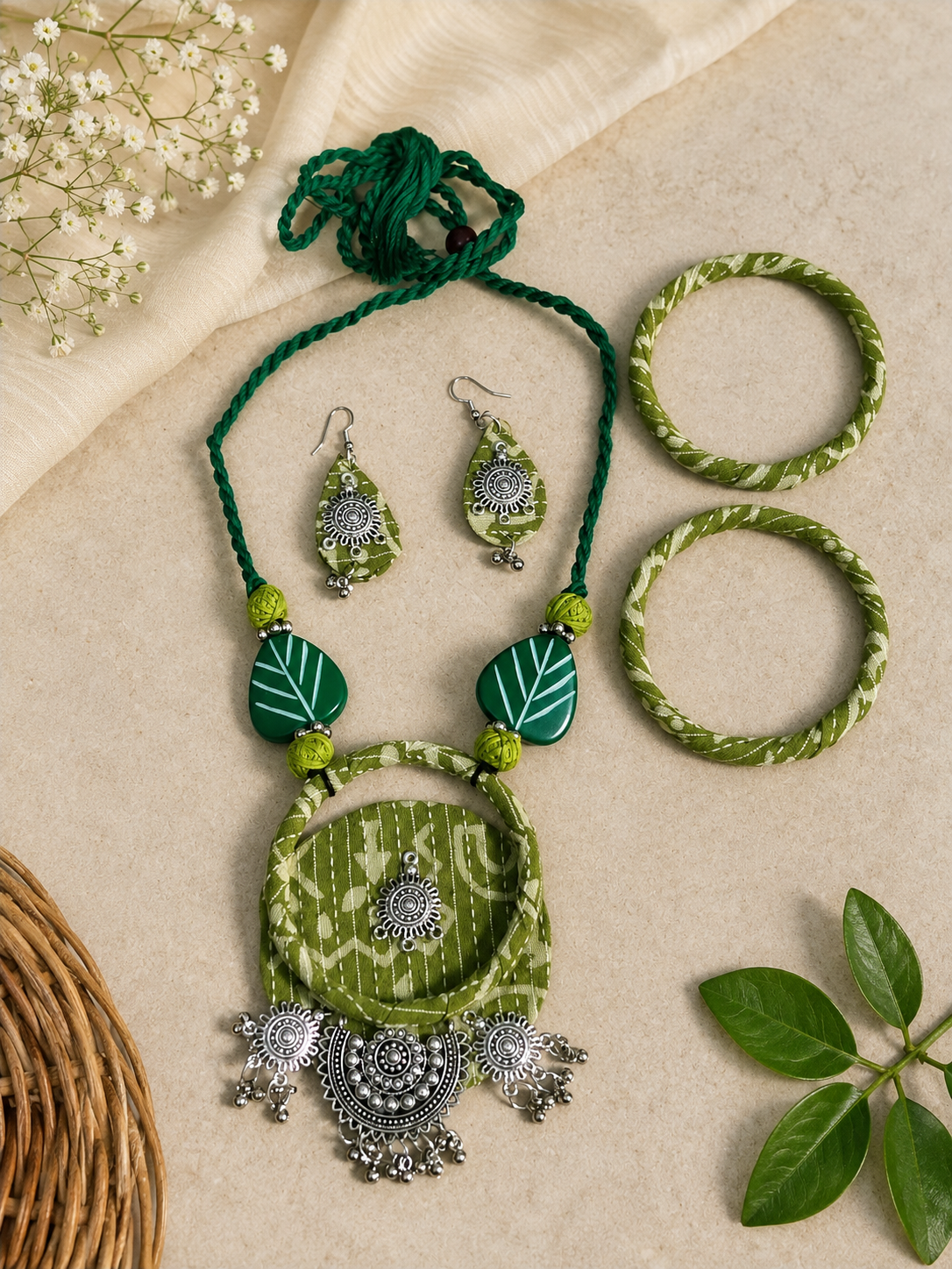 Boho Tribal Fabric Necklace & Bangle Set