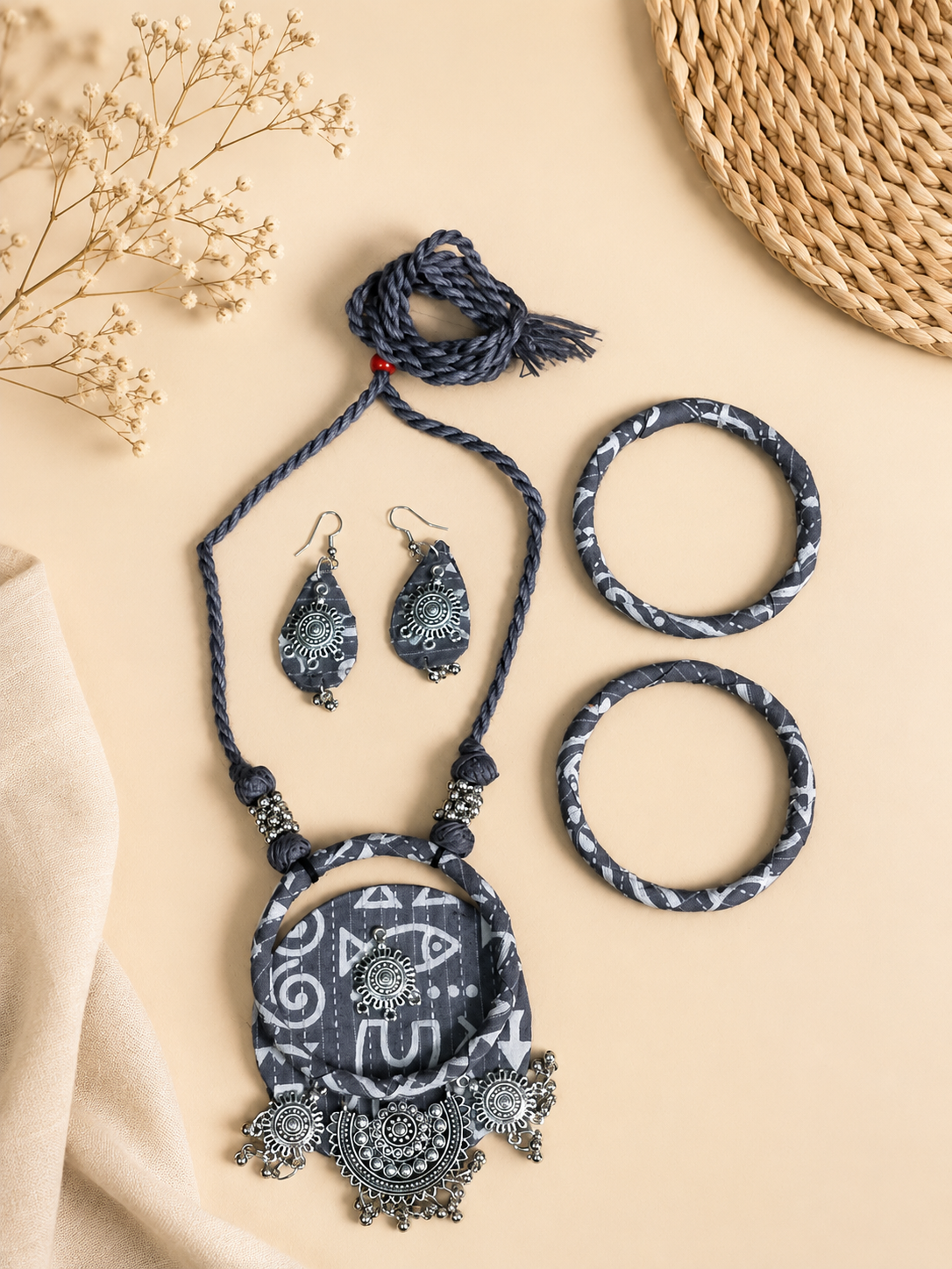 Boho Tribal Fabric Necklace & Bangle Set