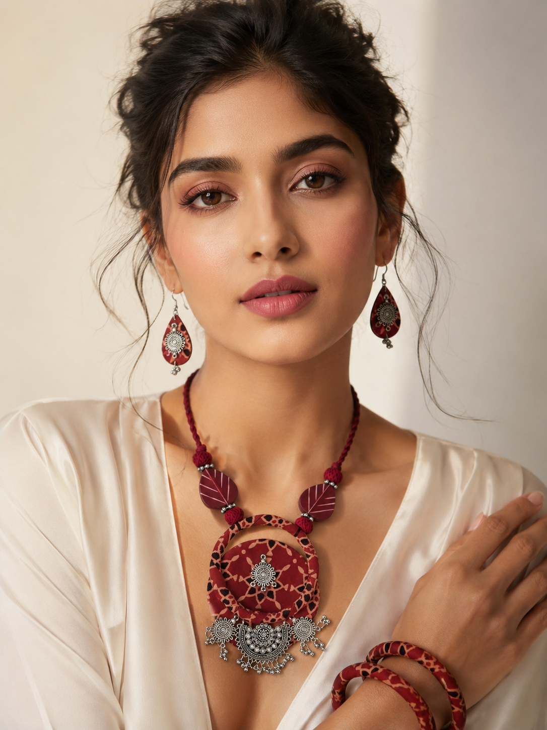 Boho Tribal Fabric Necklace & Bangle Set