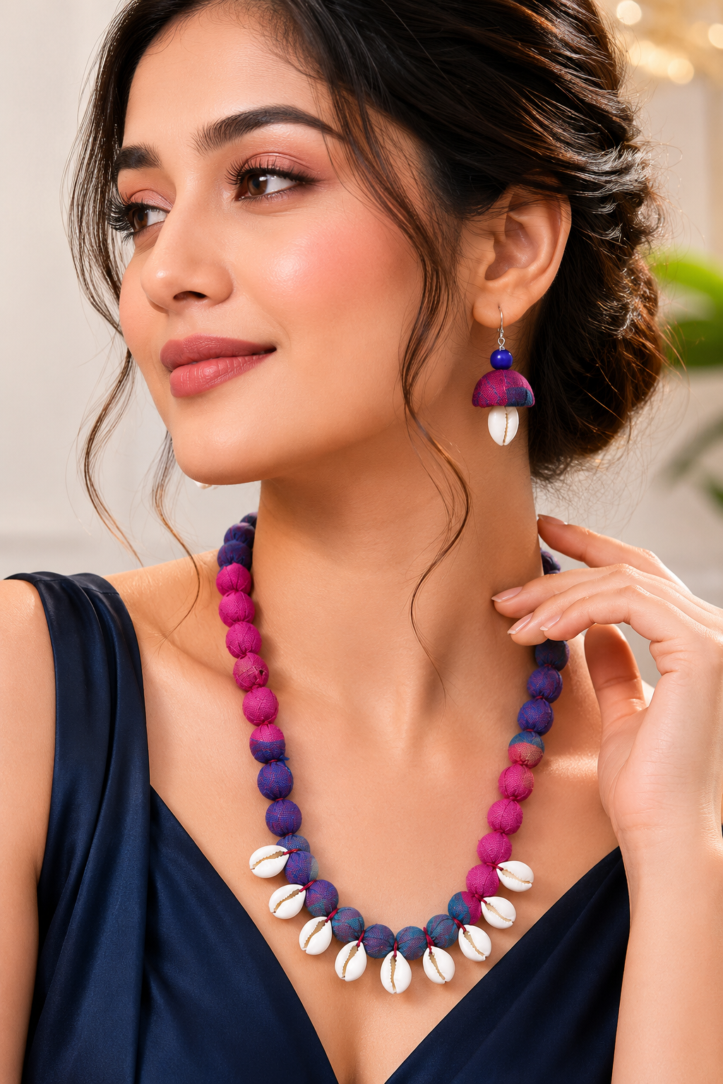 Fabric & Cowrie Shell Necklace Set