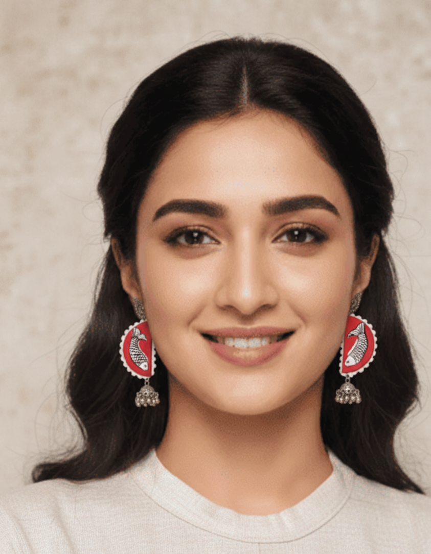 Red Fish Fabric Earrings with Jhumka Drops