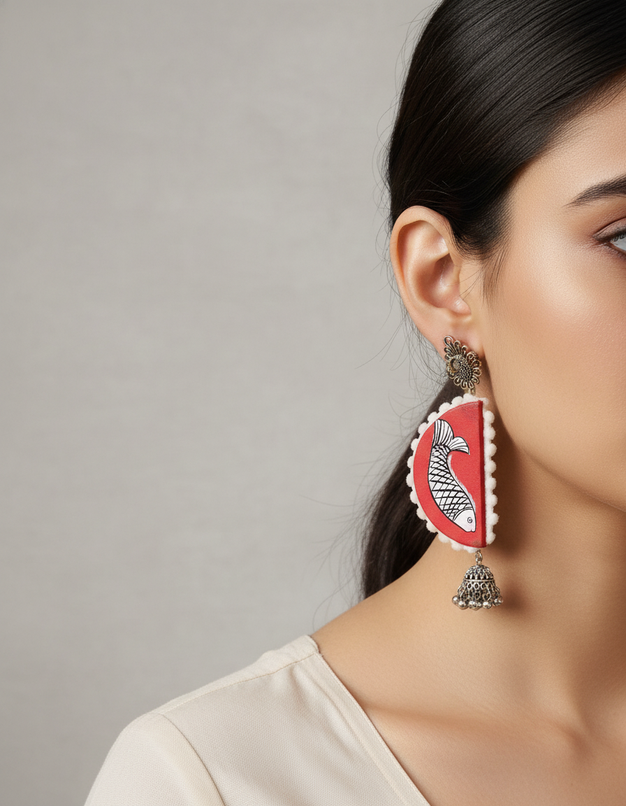 Red Fish Fabric Earrings with Jhumka Drops