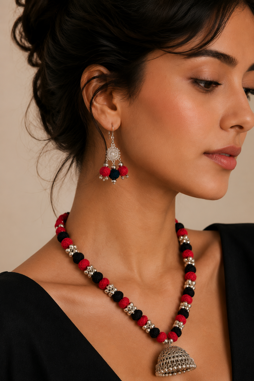 Thread Bead Jhumka Necklace Set