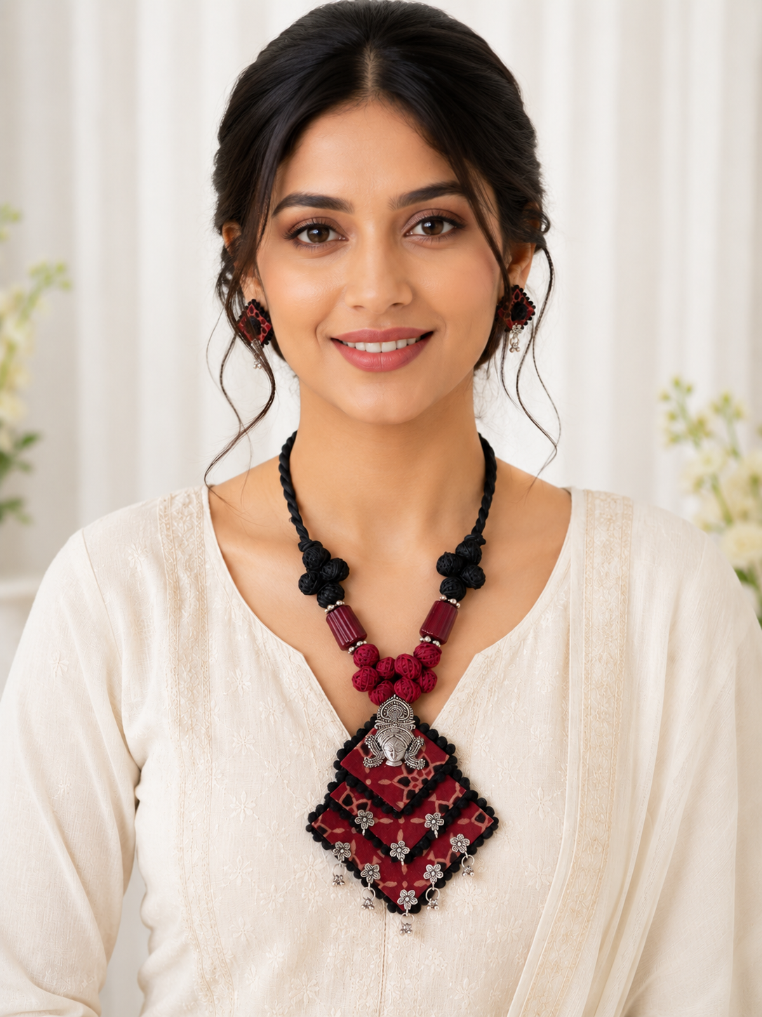 Gulnaar Devi Fabric Black And Maroon Necklace Set