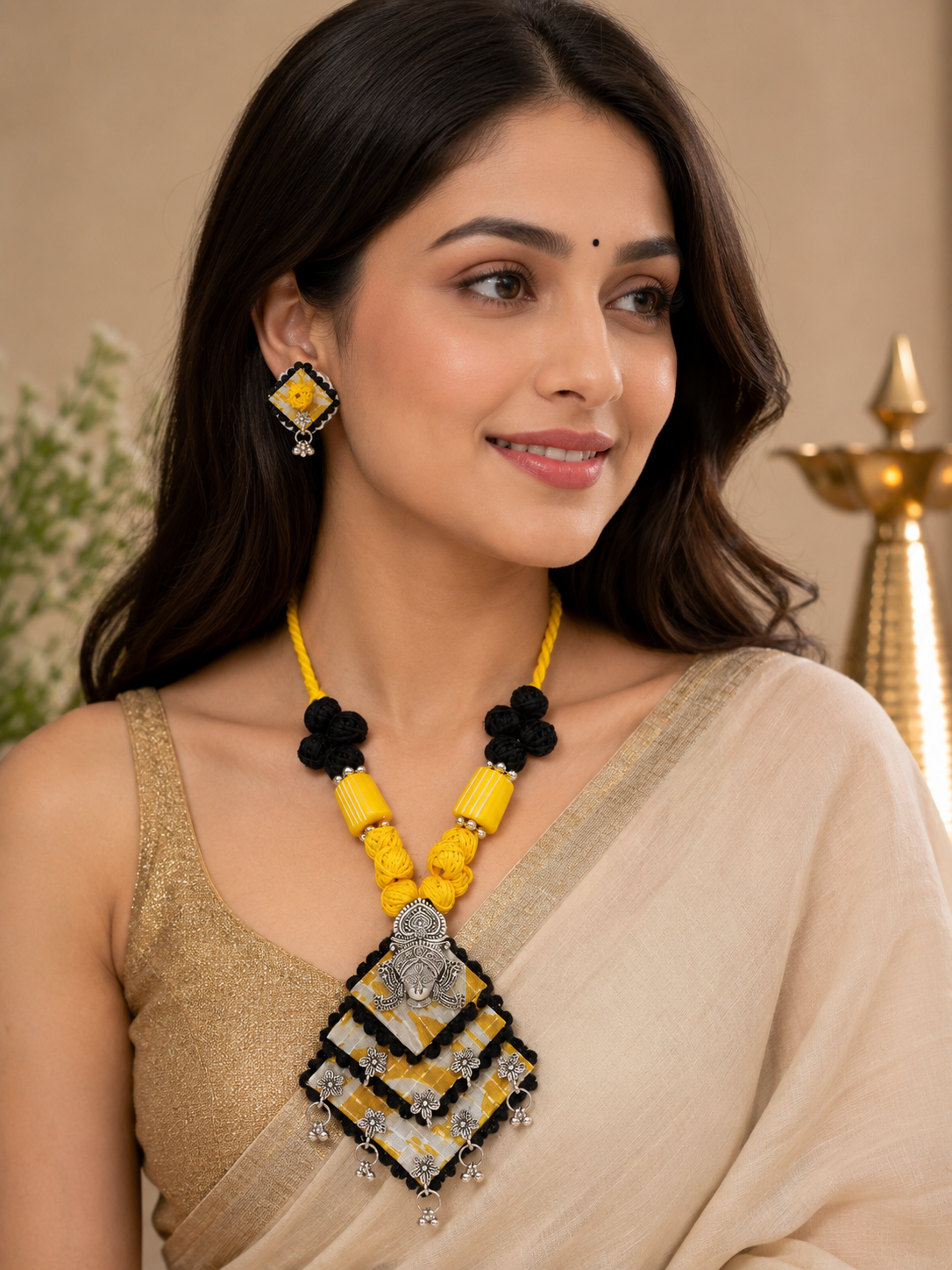 Gulnaar Devi Fabric Yellow Statement Necklace Set