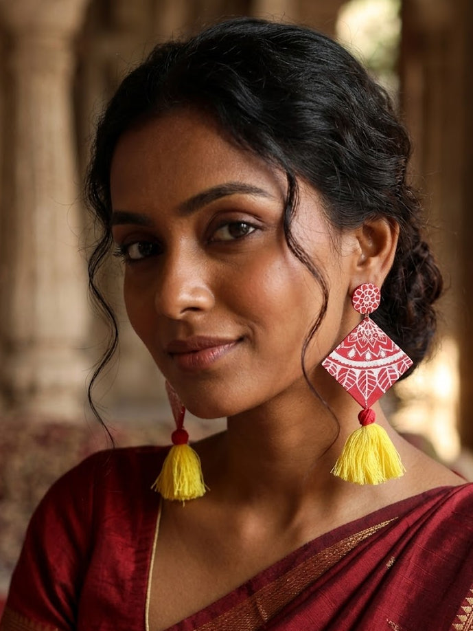 Red & Yellow Mandala Tassel Earrings