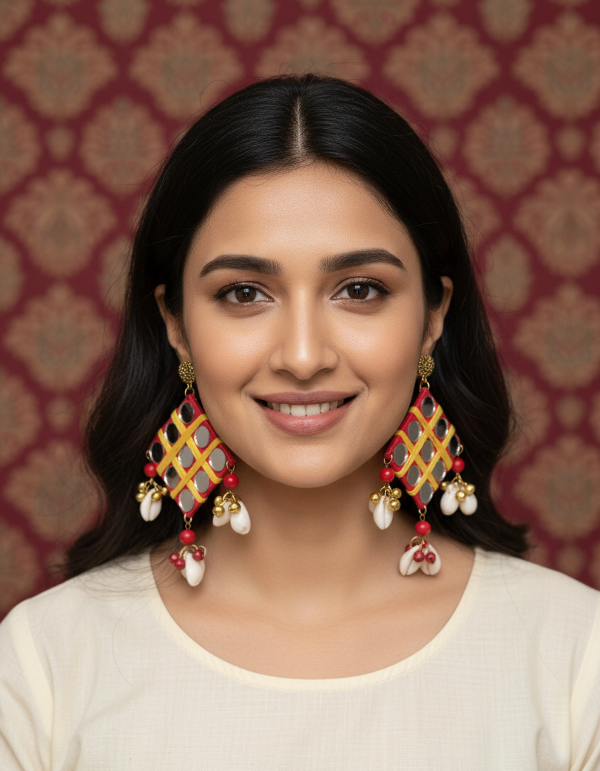 Mirror Grid Shell Tassel Earrings