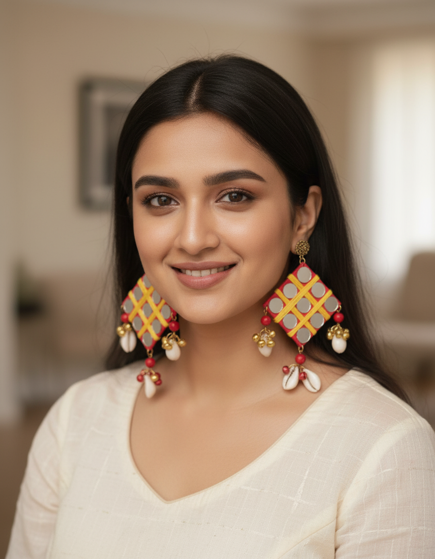 Mirror Grid Shell Tassel Earrings