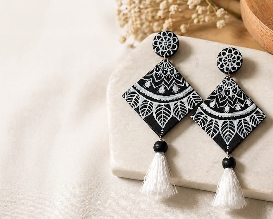 Midnight Mandala Tassel Earrings