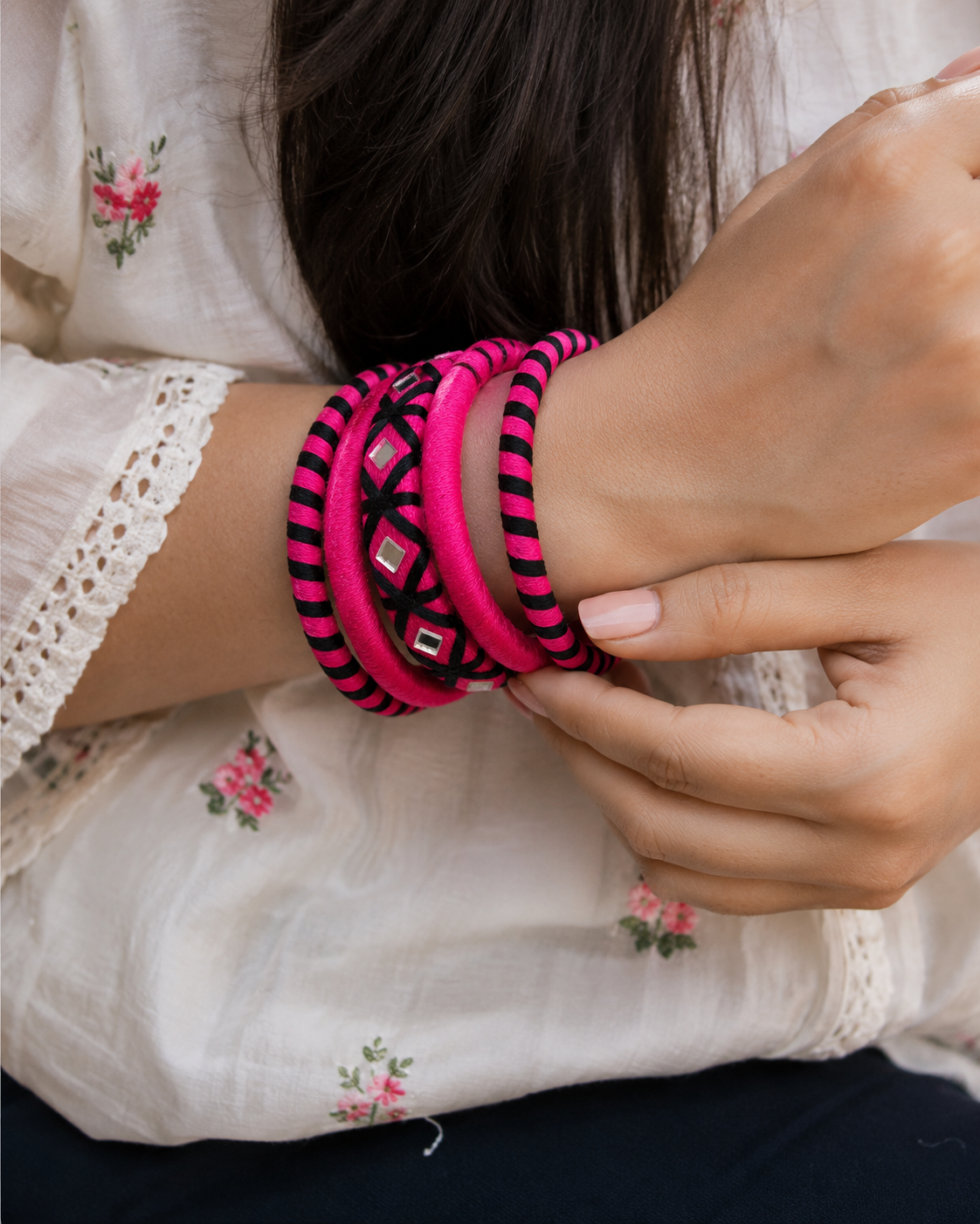 Pink Surya Rang Threadwork Bangle Set