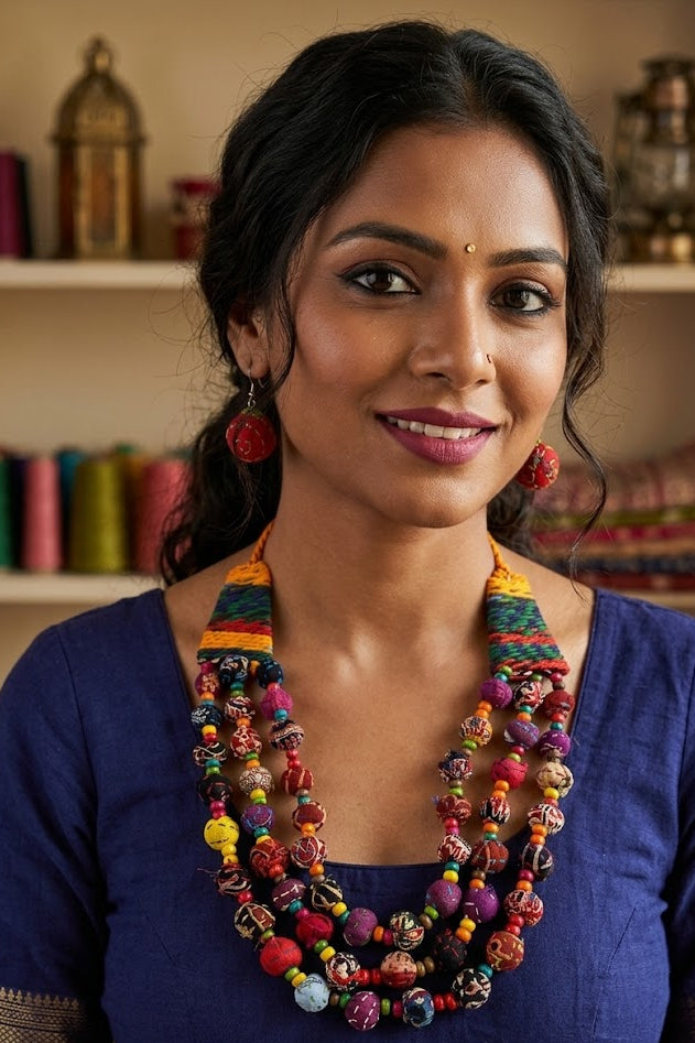 Boho Multicolour Fabric Beaded Necklace Set