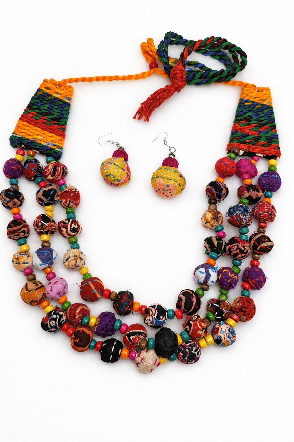 Boho Multicolour Fabric Beaded Necklace Set