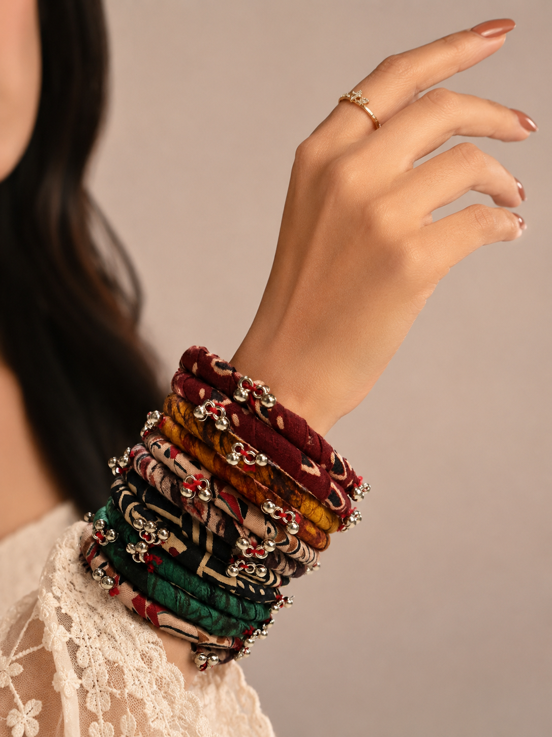 Bell Charm Fabric Bangle Set