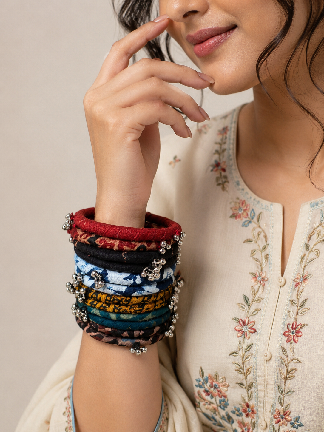 Bell Charm Fabric Bangle Set
