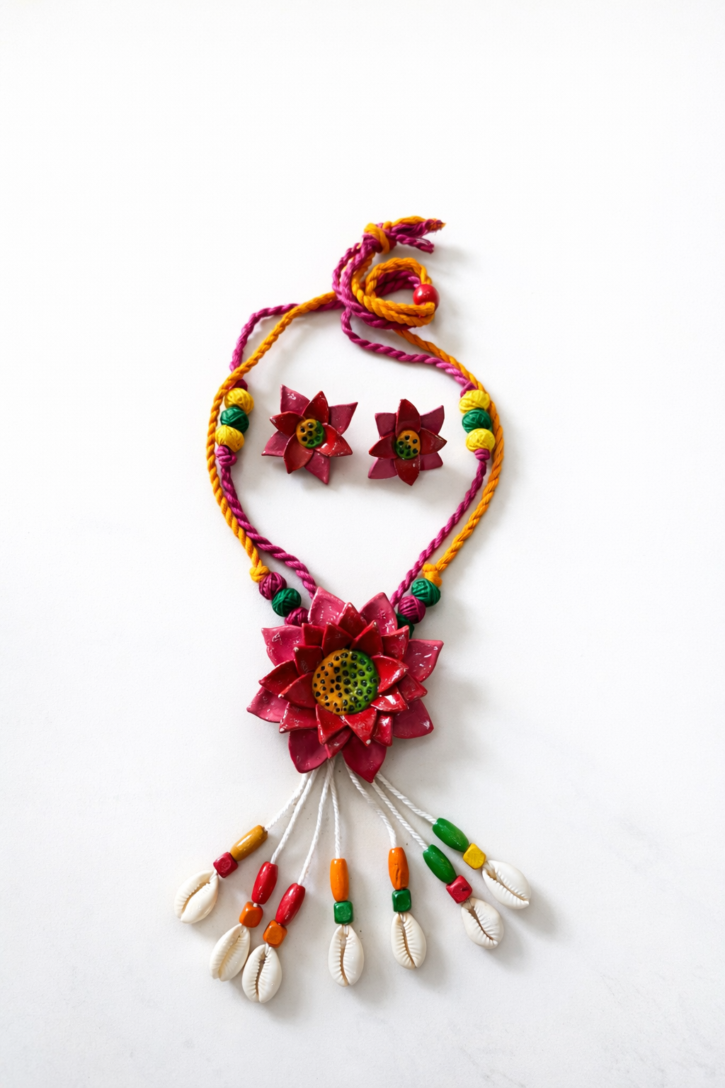 Lotus Clay Necklace Set with Cowrie Shell