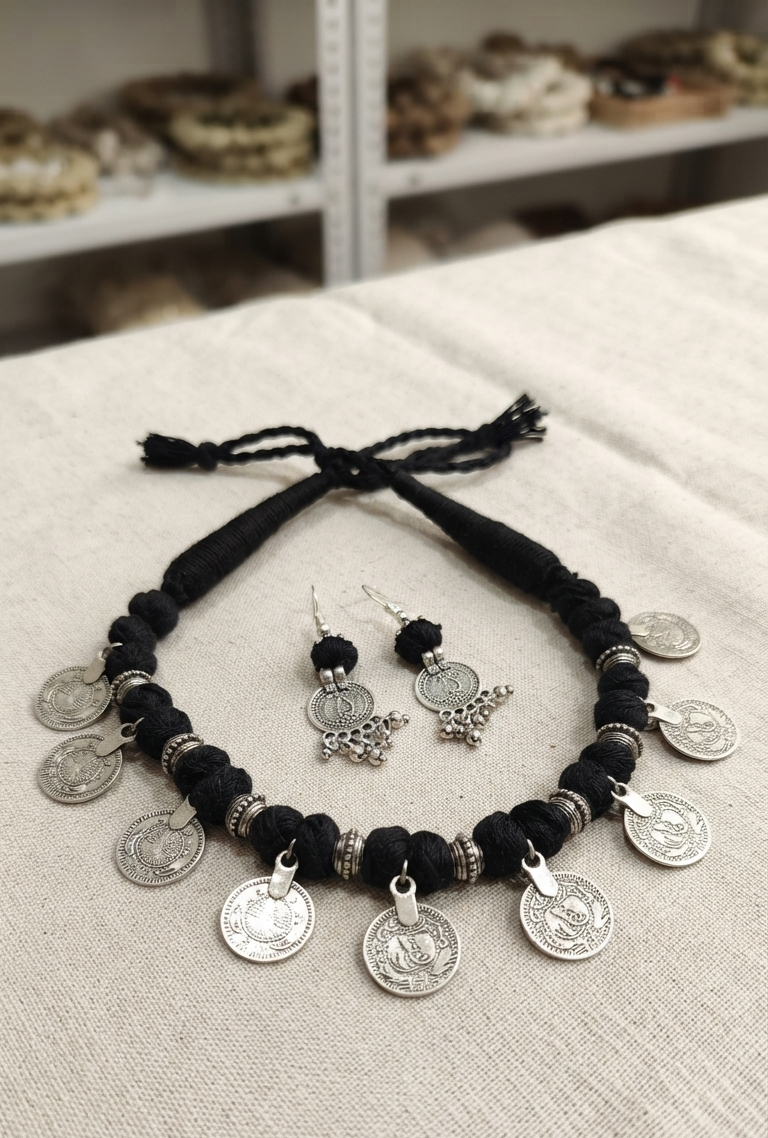 Handcrafted Coin Charm Fabric Choker Set