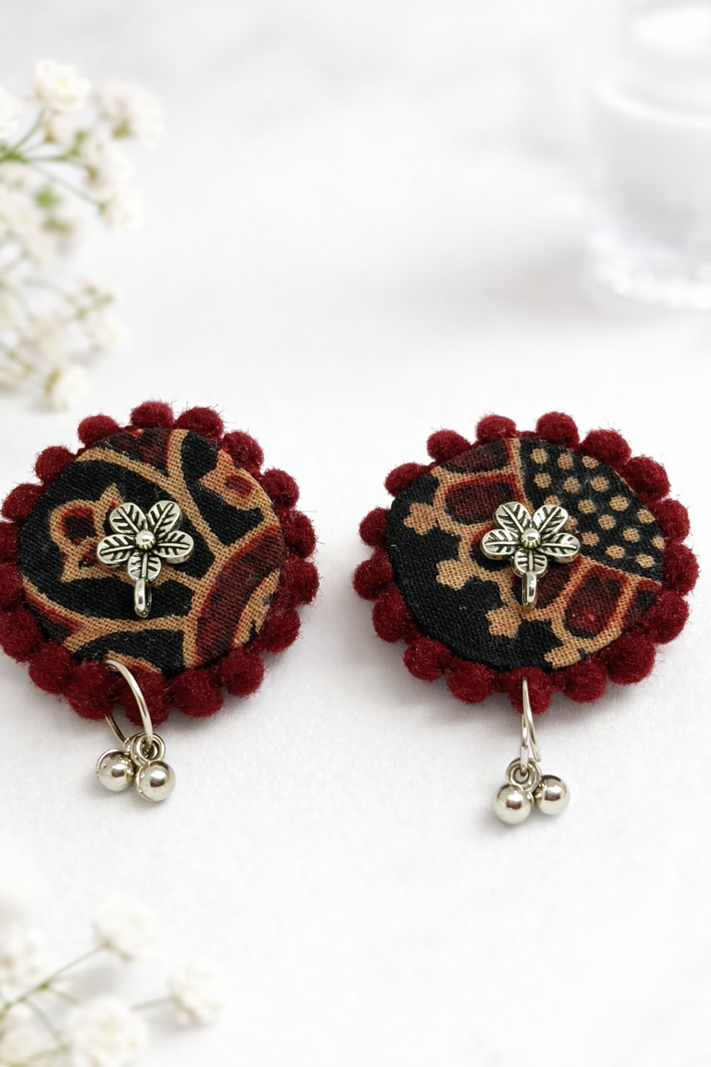 Fabric Round Shape Flower Earrings