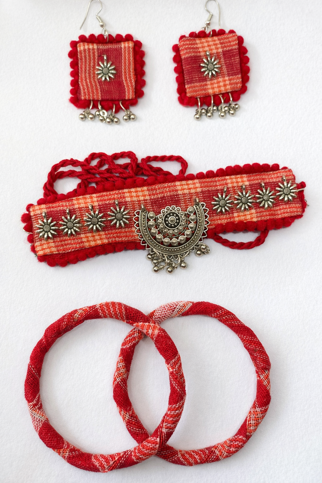 Boho Fabric Choker Set with Earrings & Bangles