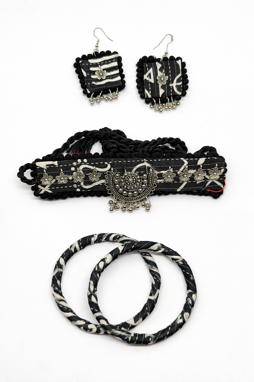 Boho Fabric Choker Set with Earrings & Bangles