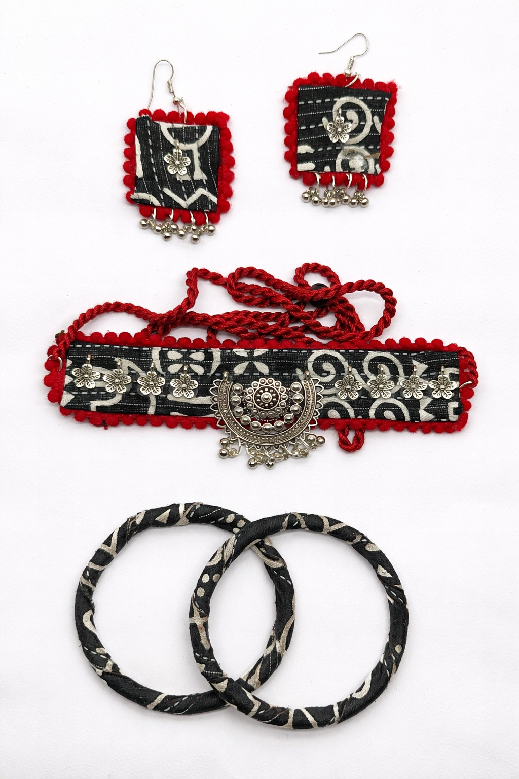 Boho Fabric Choker Set with Earrings & Bangles