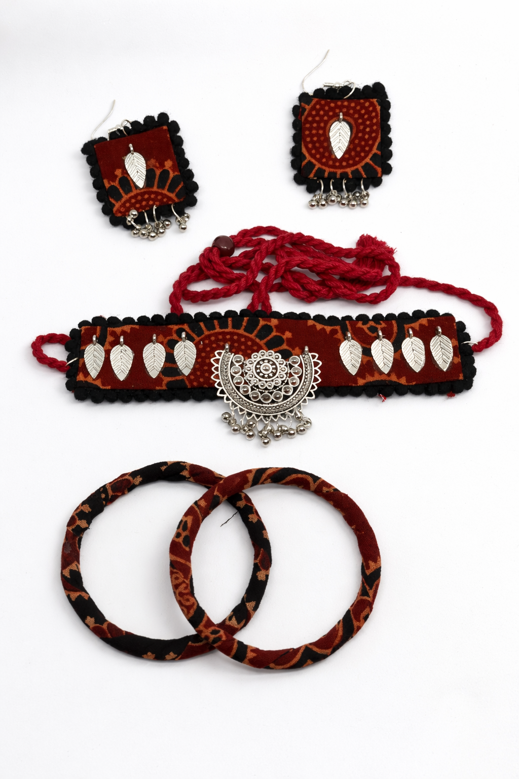 Boho Fabric Choker Set with Earrings & Bangles