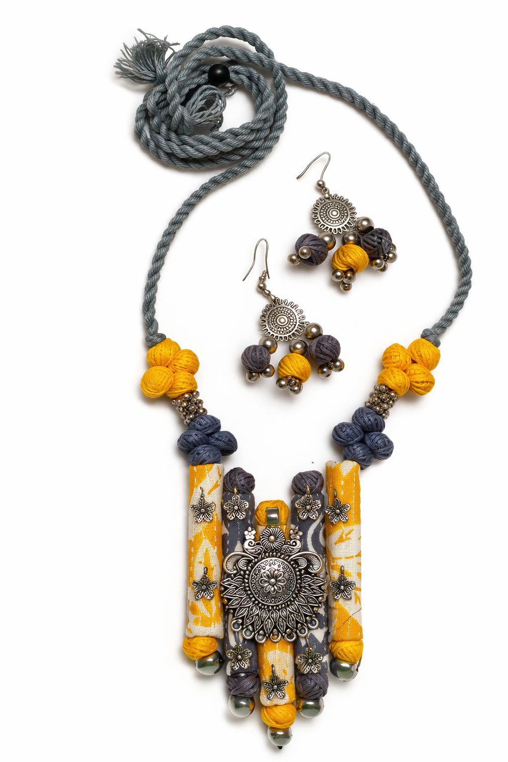 Ethnic Fabric and Oxidised Metal Necklace