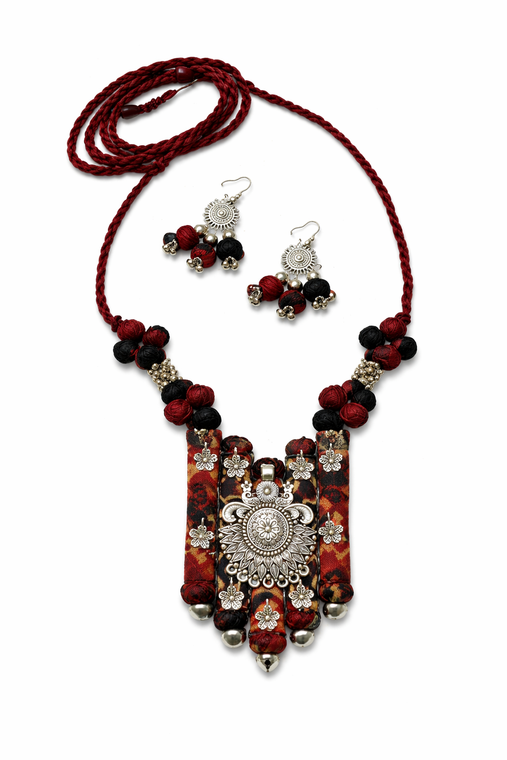 Ethnic Fabric and Oxidised Metal Necklace