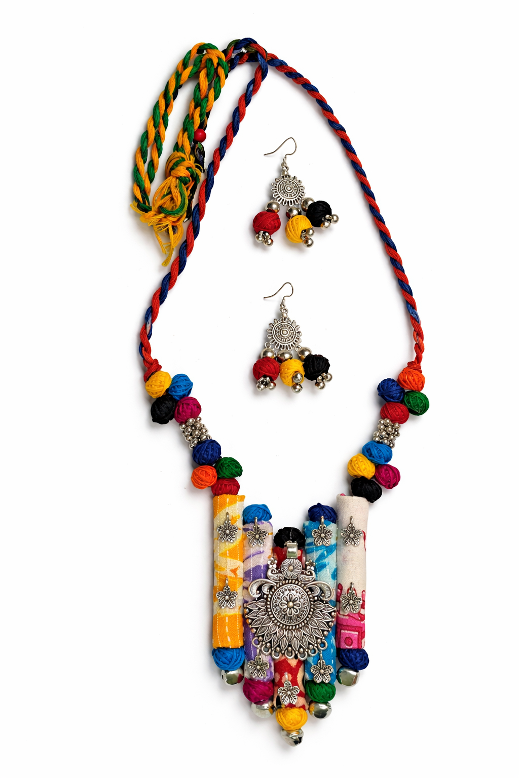 Ethnic Fabric and Oxidised Metal Necklace