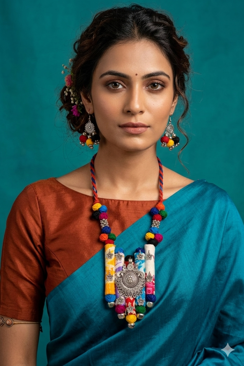 Ethnic Fabric and Oxidised Metal Necklace