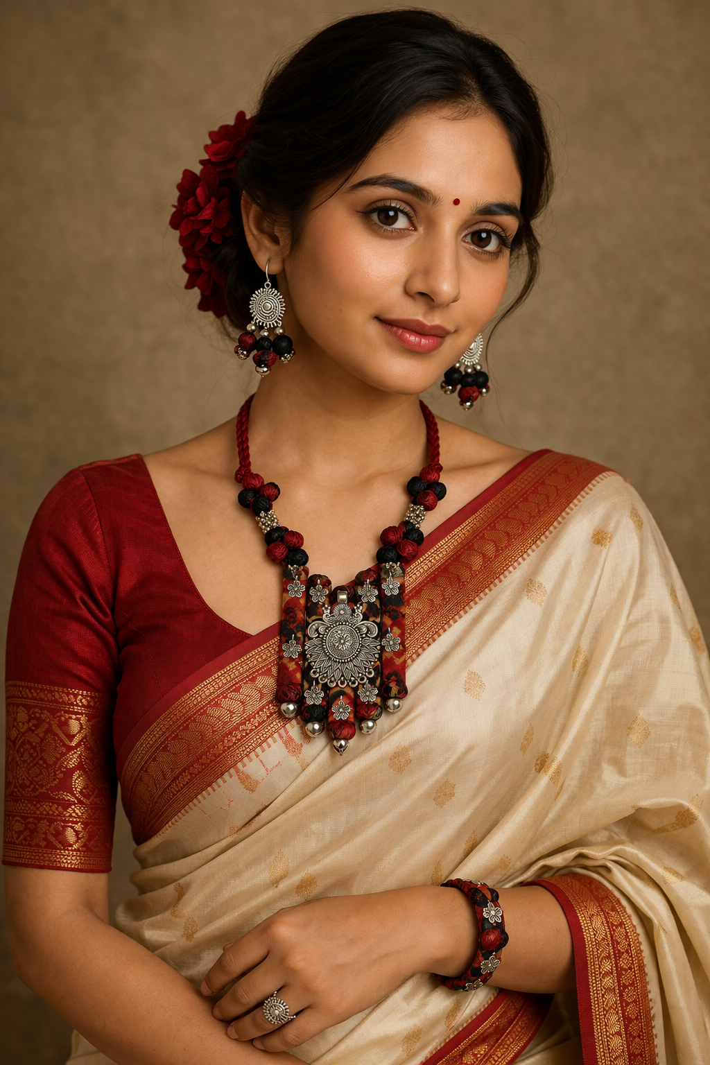 Ethnic Fabric and Oxidised Metal Necklace