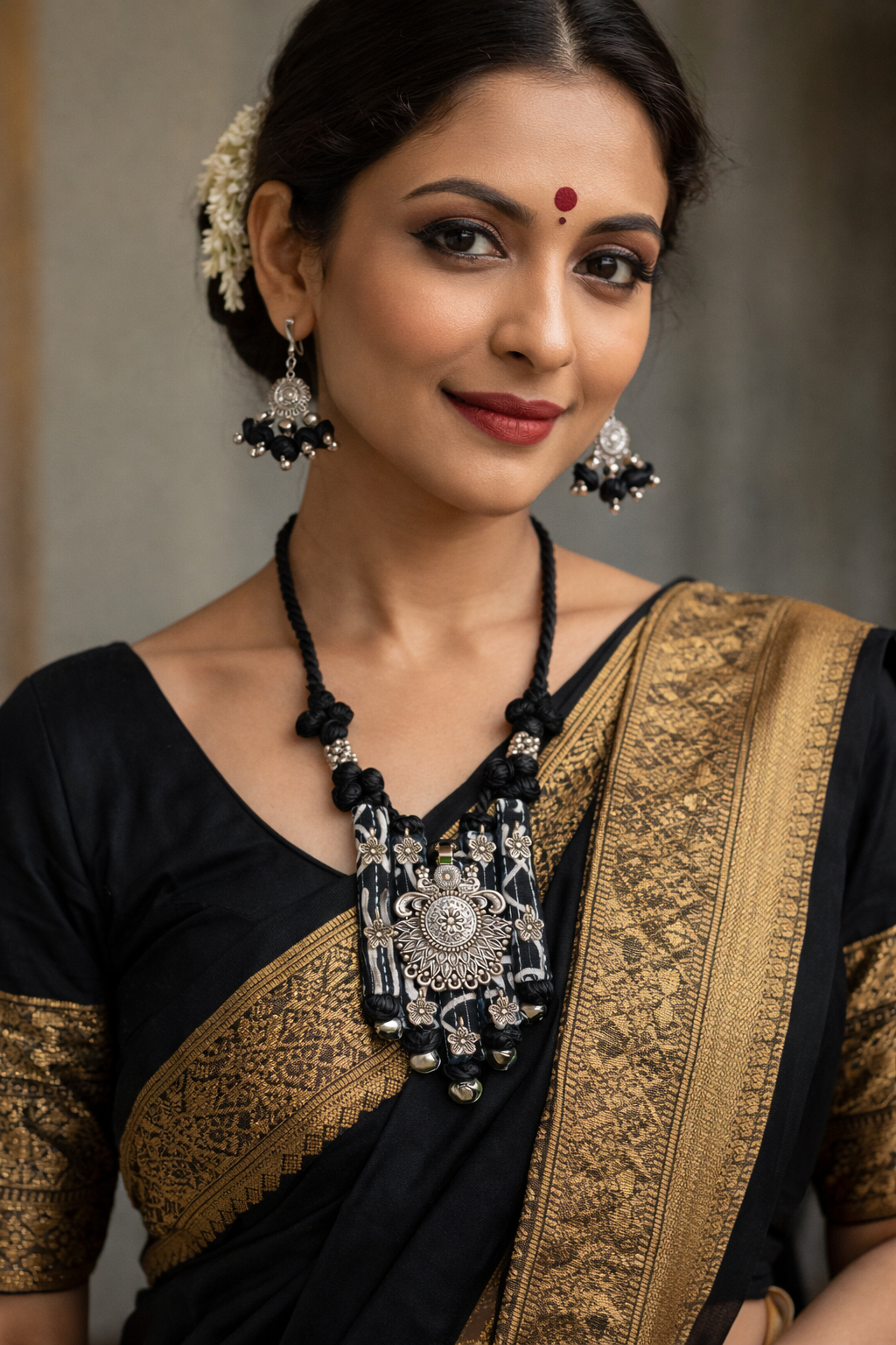Ethnic Fabric and Oxidised Metal Necklace