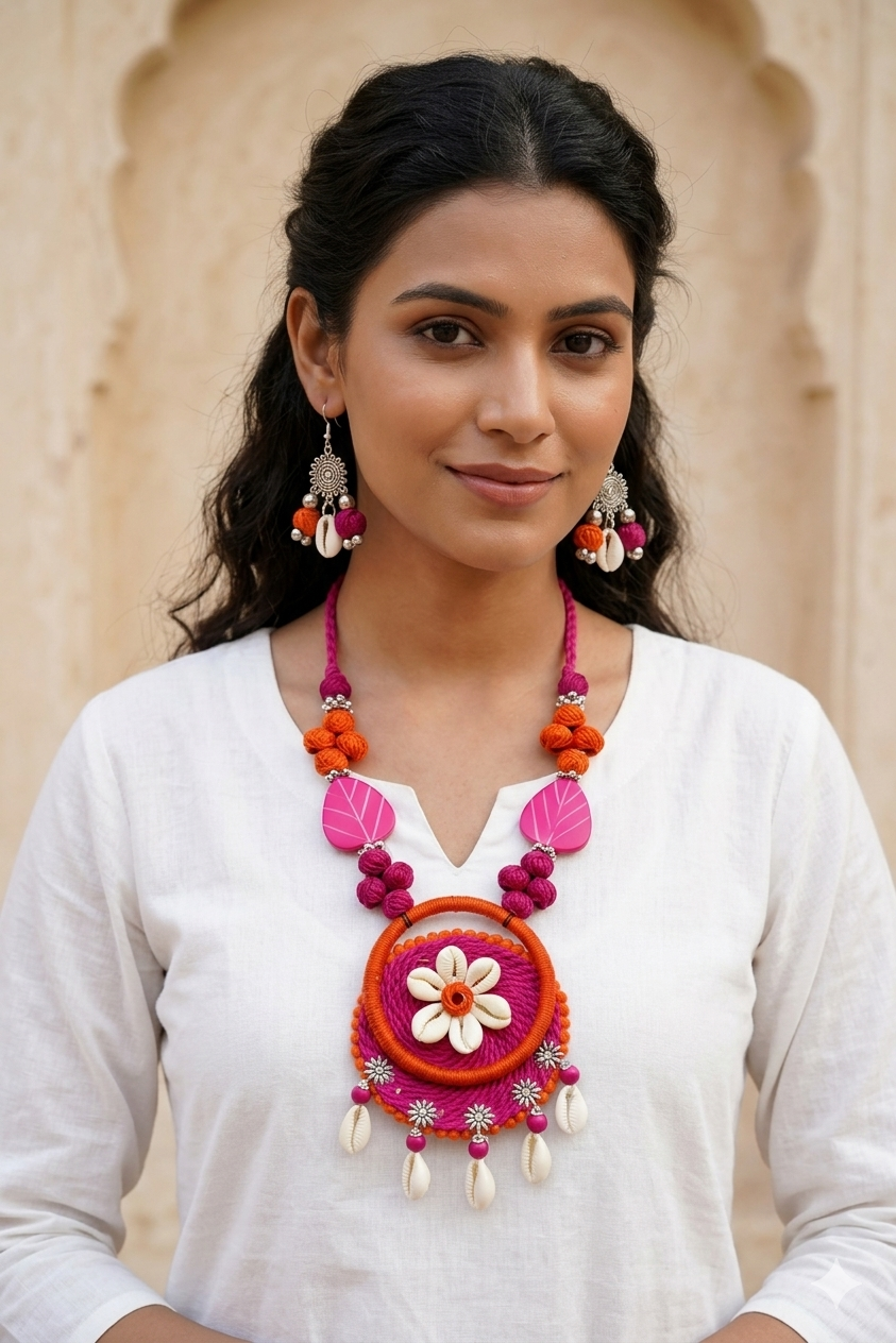 Boho Pink & Orange Cowrie Shell Necklace Set