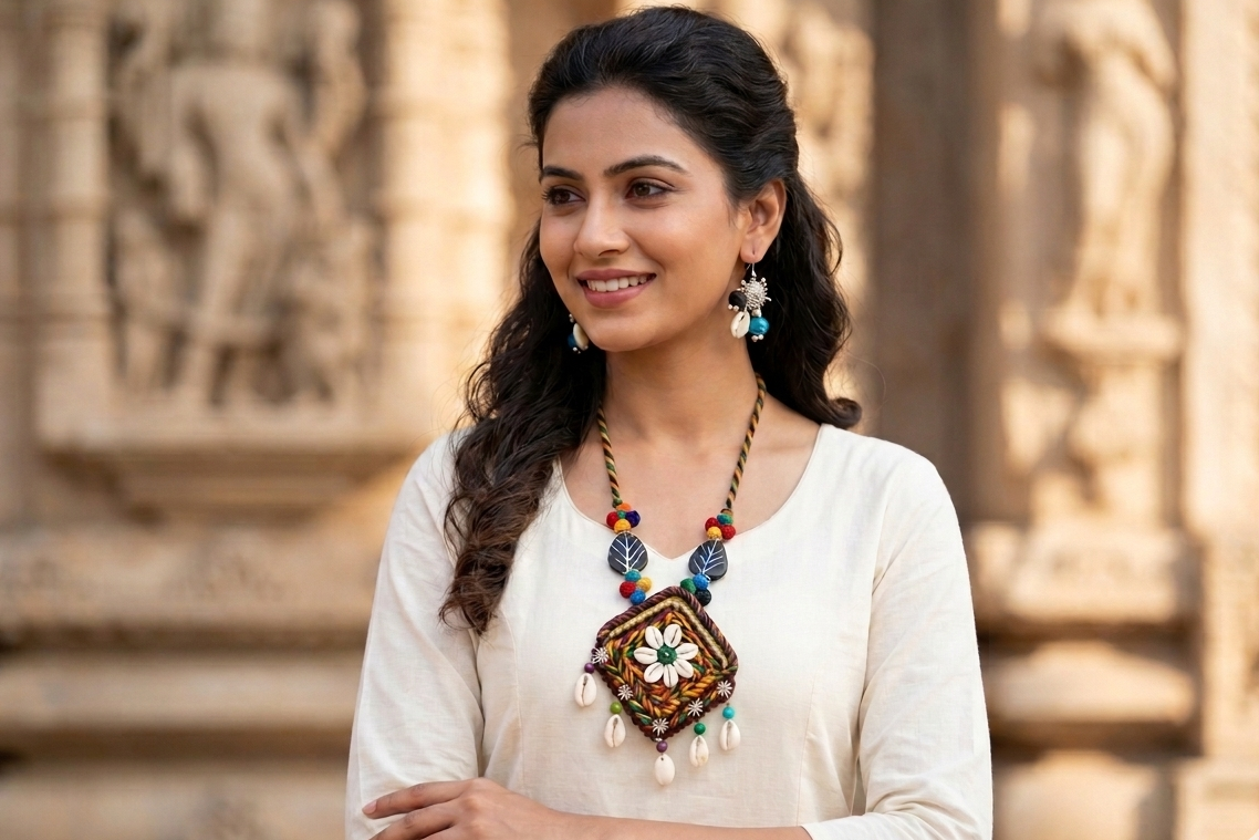 Handcrafted Floral Shell Pendant Necklace Set