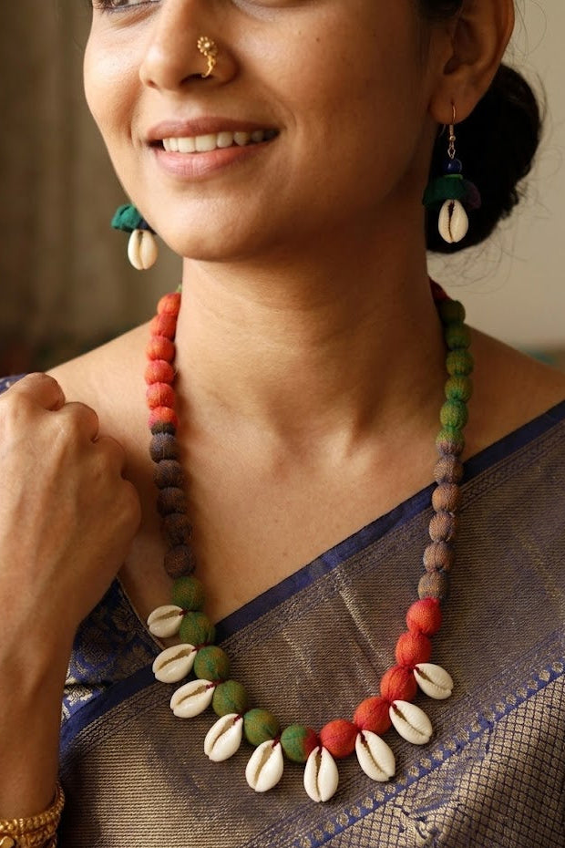 Fabric & Cowrie Shell Necklace Set